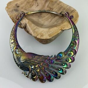 Peacock Iridescent Necklace Chocker Unique Eclectic Costume Jewelry Metal